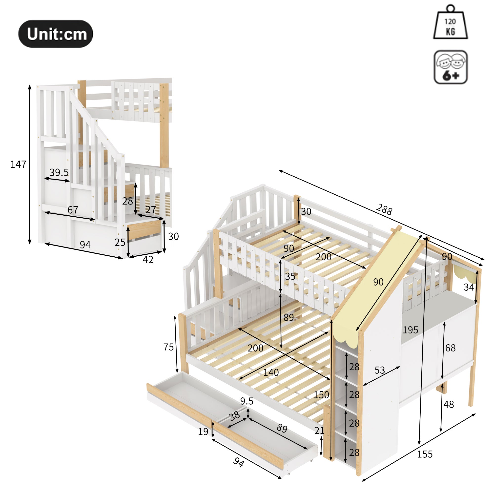 Lit superposé, 90 x 200 cm + 140 x 200 cm, échelle de rangement, barrière de sécurité, 2 tiroirs, barrière irrégulière - 7