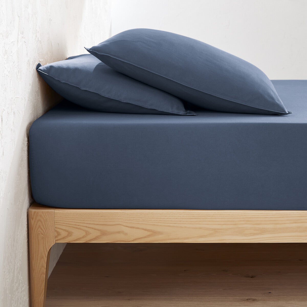 Drap housse uni coton lavé bonnet 30cm, Scenario - Denim - 160 x 200 cm ...