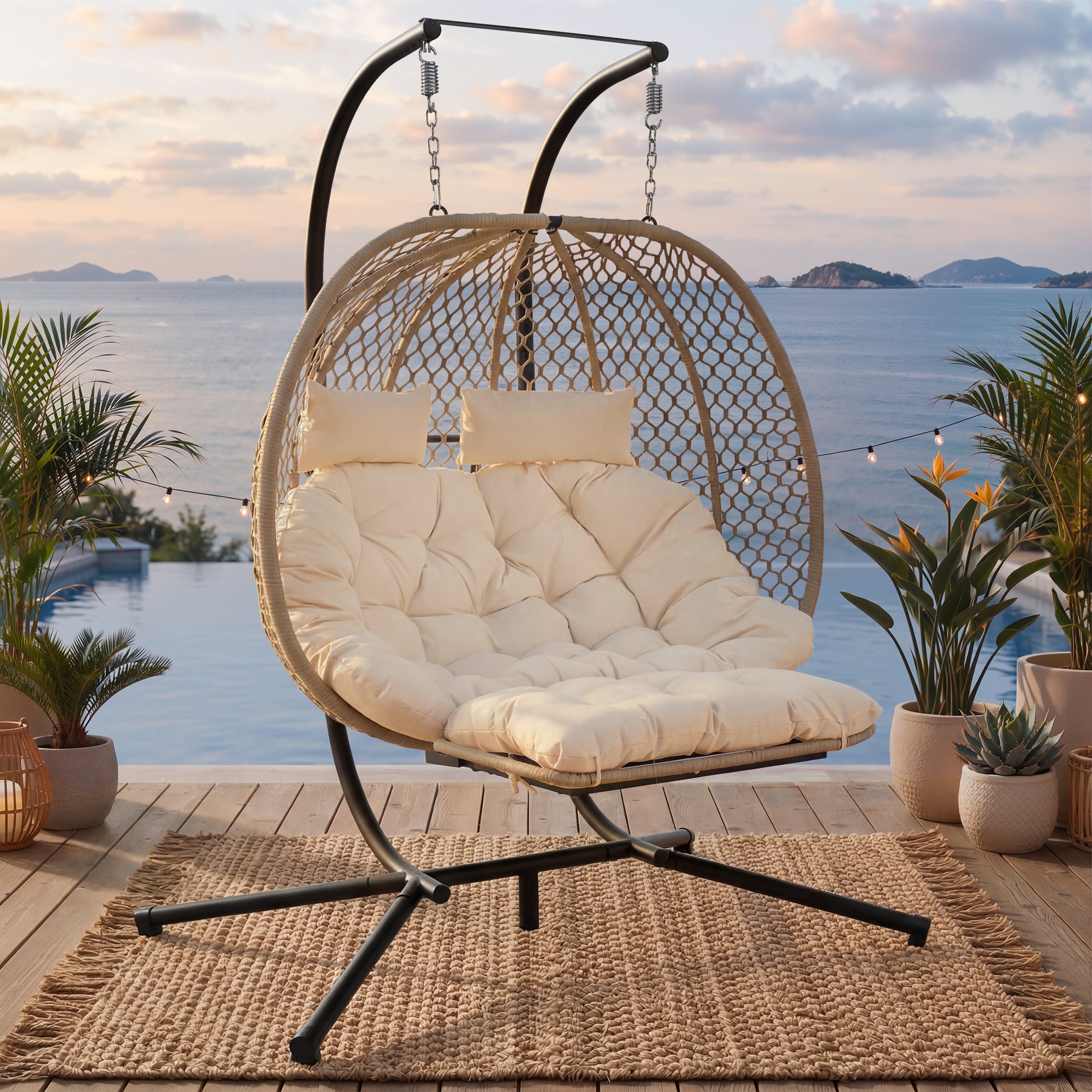 Fauteuil Oeuf Suspendu Double avec Support - Balancelle de Jardin avec Repose-pieds Réglable, Coussin Épais et Appuie-têtes - Beige - 8