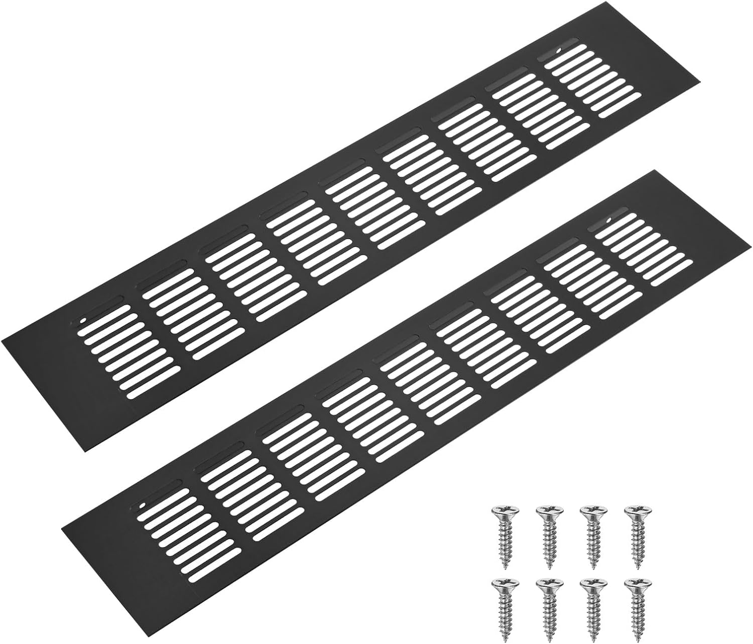 Zestaw 2 aluminiowych kratek wentylacyjnych wewnętrznych 400 x 80 mm do szaf, garderób i szafek na buty z 8 śrubami [Czarny]