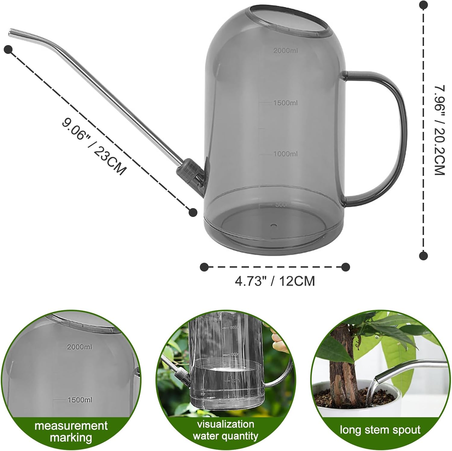 2L Arrosoir en Plastique avec Long Bec en Acier Inoxydable Un Arrosage Facile - Long Bec Verseur Arrosoir pour Plantes D'intérieur et Fleurs - Gris - 4