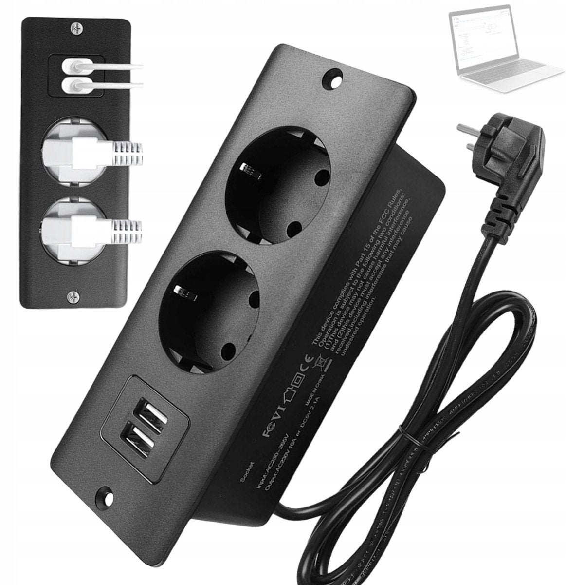 Priză dublă încastrată cu USB și cablu de 1,5 m