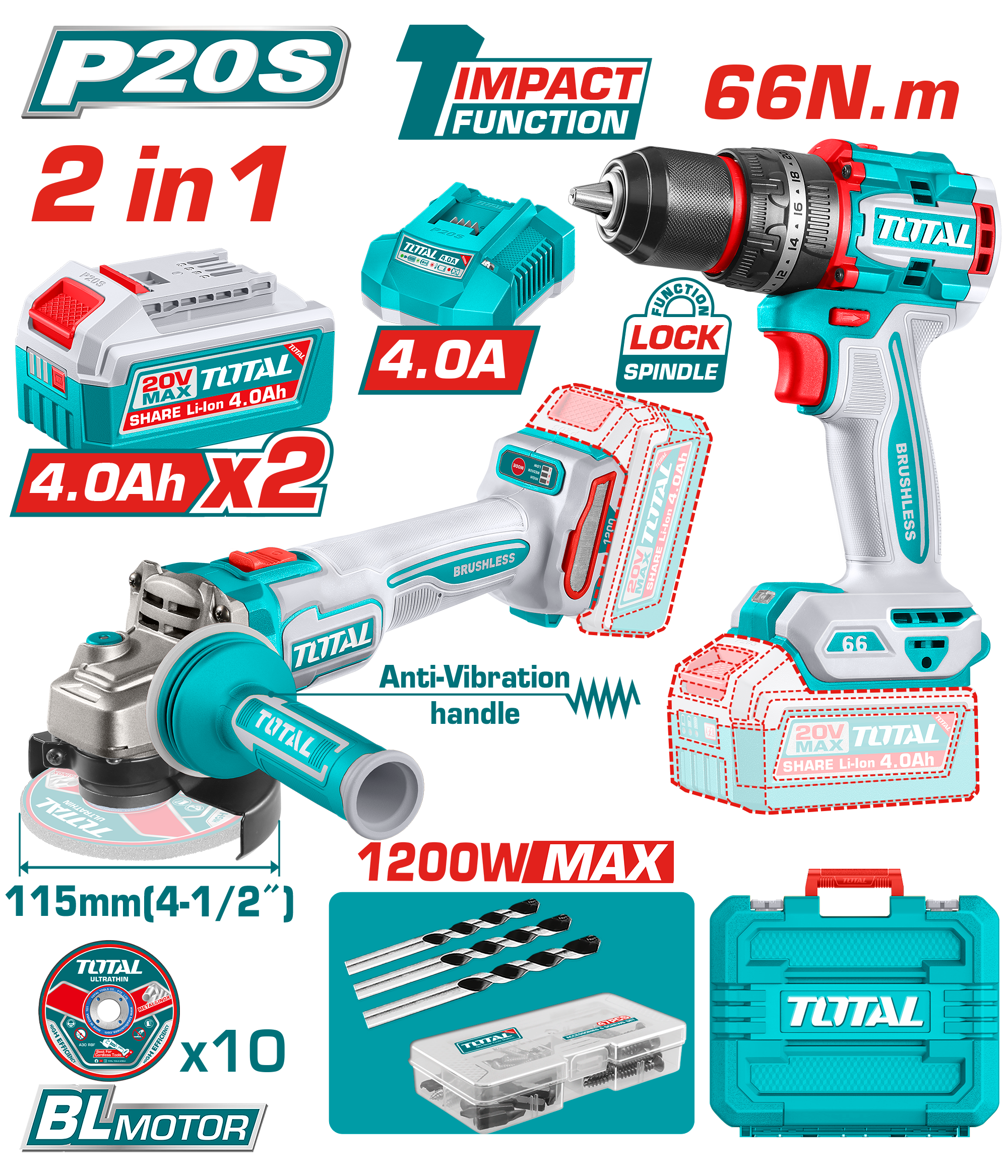 Kit Combo 20V, Masina de gaurit cu impact, polizor unghiular, include 2 acumulatori 2 Ah si incarcator