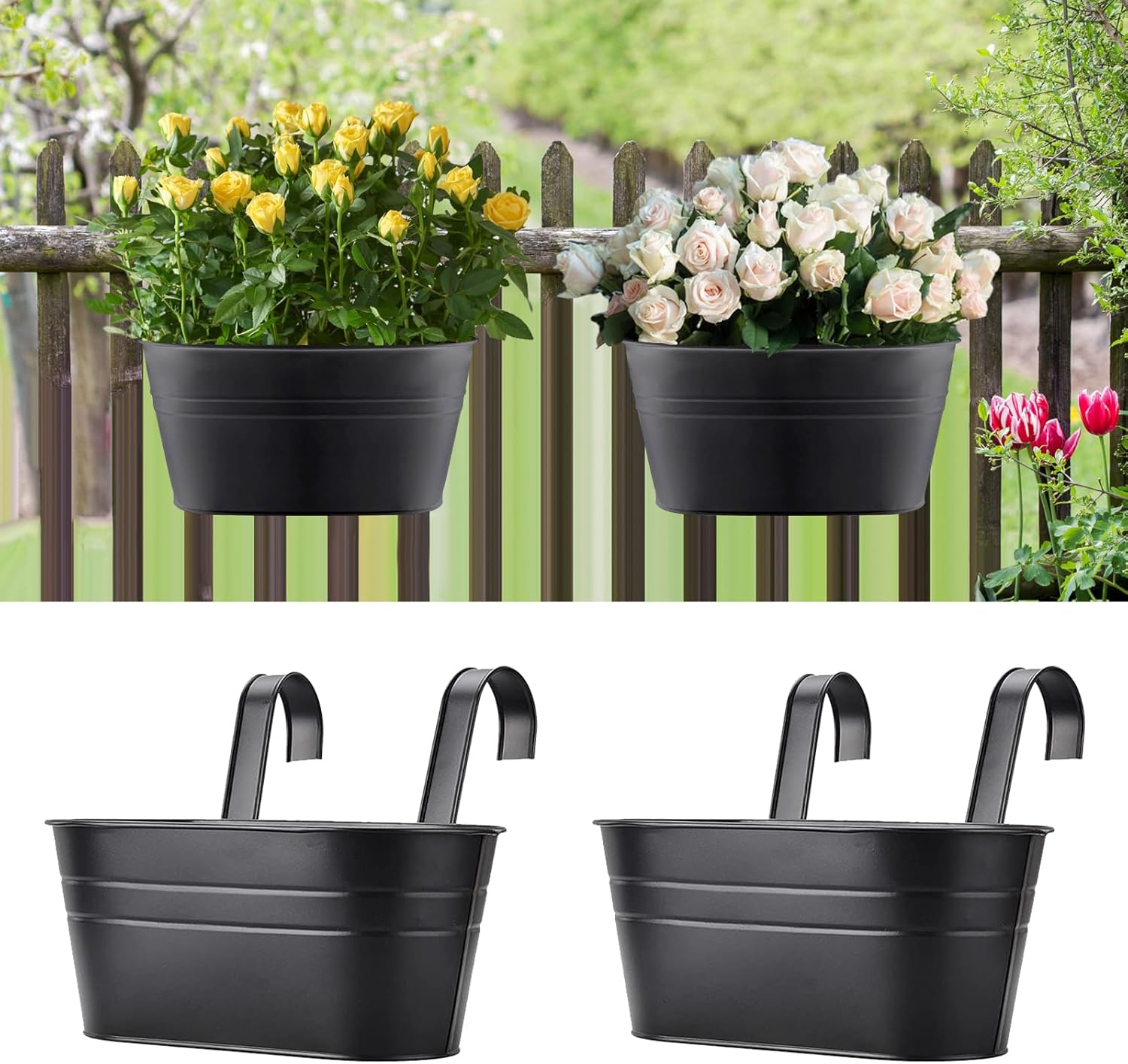 2 metalowe wiszące doniczki na kwiaty, donica wisząca na zewnątrz z odpinanym haczykiem do balkonu, ogrodzenia, ogrodu, czarna