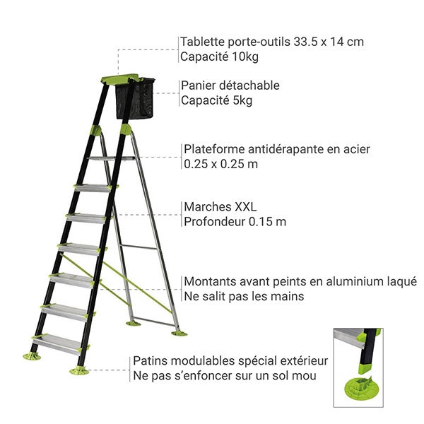 Escabeau de jardin 7 marches - Hauteur de travail maximale de 3.51m - 219207 - 5