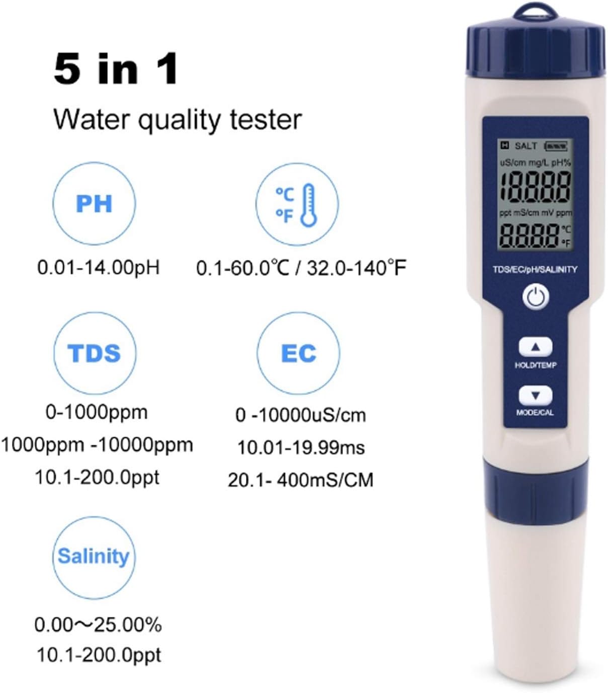 Testeur électronique 5 En 1 Pour Piscine Et Aquariums - PH, TDS, EC, Salinité, Température - Écran LED, étanche, Compensation Automatique