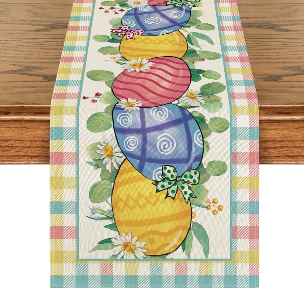 Bieżnik wielkanocny ze wzorem stokrotek i jajek w kratkę, sezonowa dekoracja do kuchni i jadalni, 33 x 183 cm