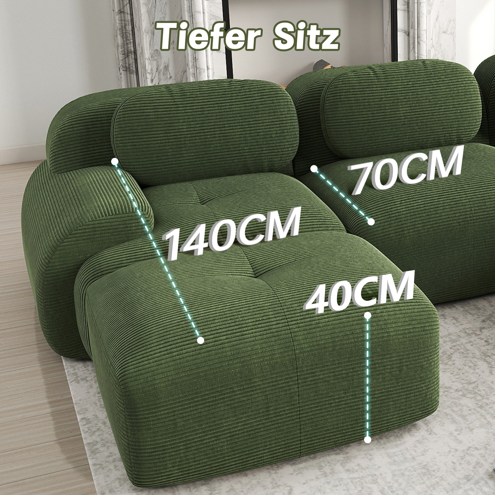 Canapé d'angle modulable ergonomique, Canapé d'Angle velours côtelé avec&nbsp;poufs, accoudoirs extra larges, rembourrage 32D, Canapé 3 Places vert - 3