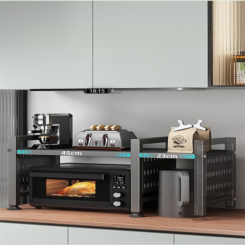 Support micro-ondes extensible multifonction cuisine gris foncé avec double étagère et 6 crochets - 4