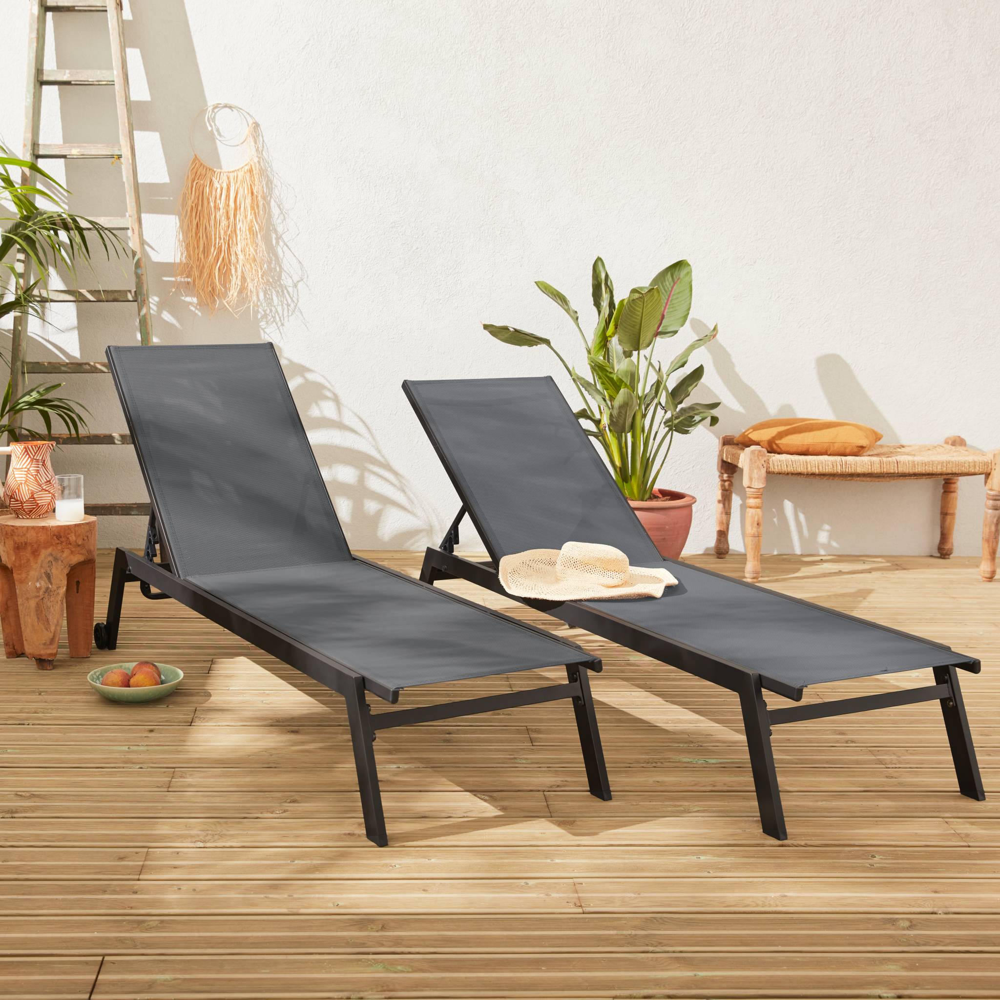 Lot de 2 bains de soleil ELSA en aluminium gris anthracite et textilène gris taupe. transats multi positions avec - 2