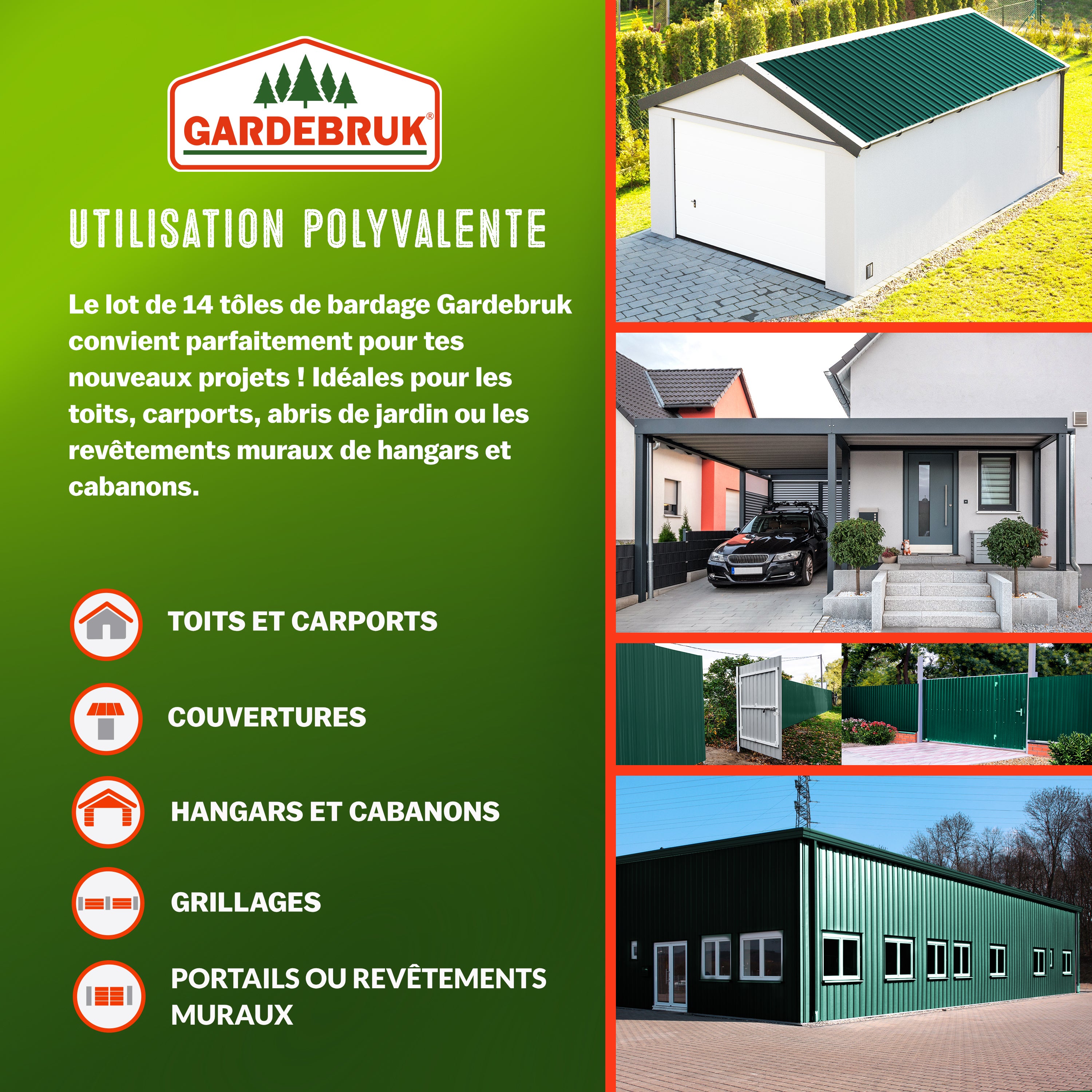 GARDEBRUK® 14x Tôles de bardage 110x46cm = 7m² galvanisé résistant intempéries tôle ondulée trapézoïdale profilée toit mur abri de jardin vert - 4