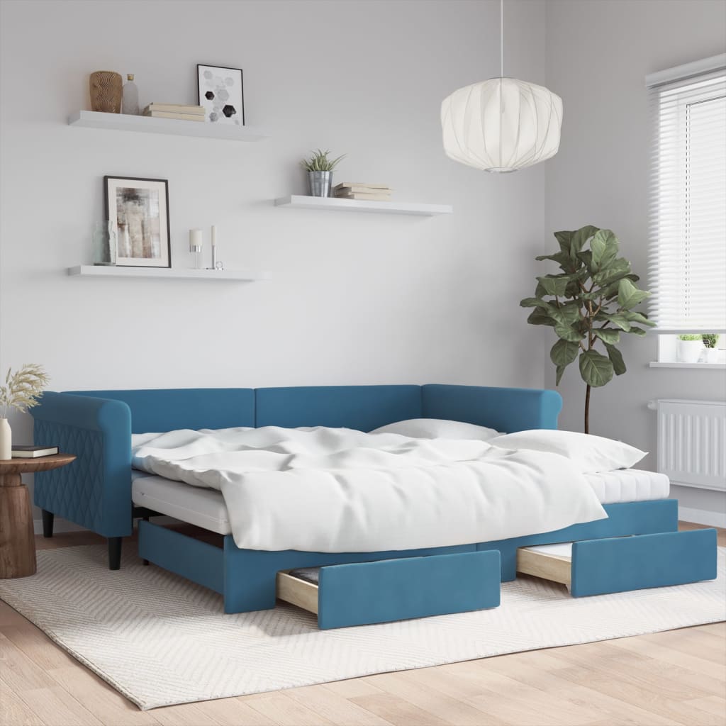 Lit De Jour Avec Gigogne Et Tiroirs – Bleu Velours – 80x200 Cm – Neuf