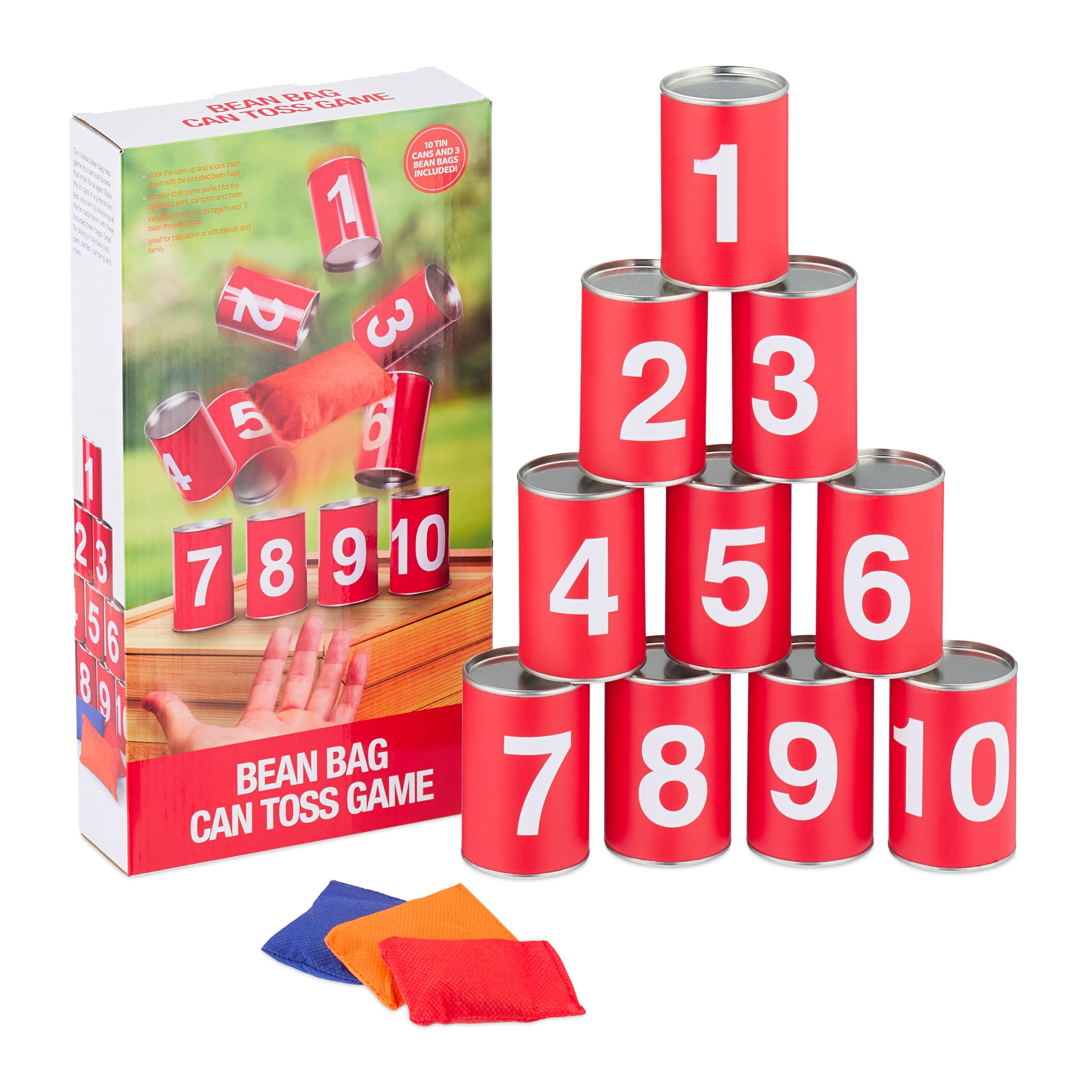 Relaxdays Tiro al Barattolo per Bambini, Giochi da Giardino, 10