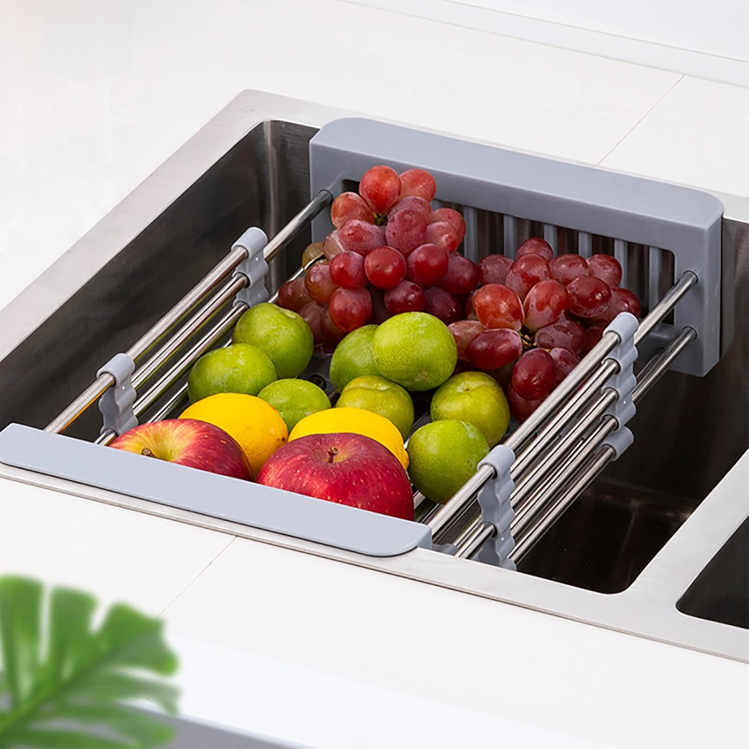 Gris， Égouttoir à Vaisselle Extensible, Organisateur Evier Cuisine, Anti-Rouille pour évier de Cuisine, Rangement Evier Cuisine Support pour Eponge - 4