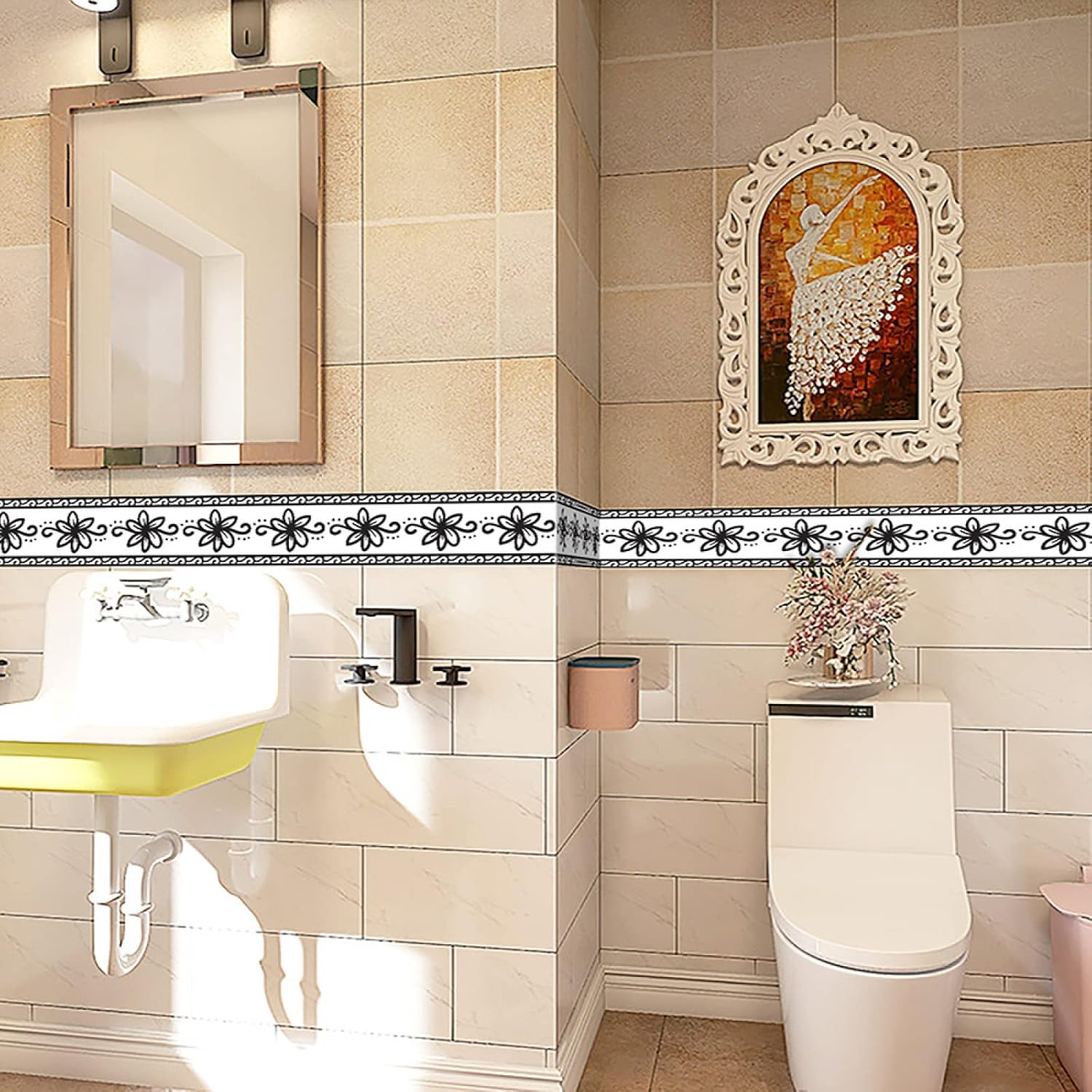 Cenefa autoadhesiva de PVC impermeable para pared, zócalo de cocina y baño, decoración de pared, flores negras, 10 cm x 240 cm - 3