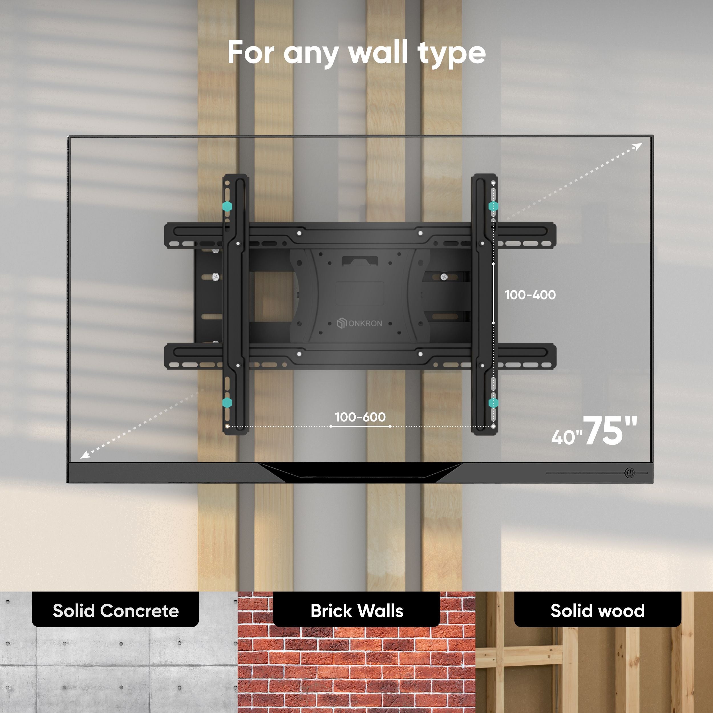 ONKRON Support Mural TV Bras Articulé Long pour 40-75 Pouces, Accroche jusqu'à 68 kg - VESA 600x400 mm / Inclinaison Tournant Pivotement M7L-B Noir - 4