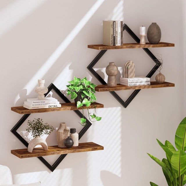 2 Mensole Da Parete Flottanti In Legno Tung E Metallo | Scaffali A Muro Per Decorazione, Libri E Piante | Marrone