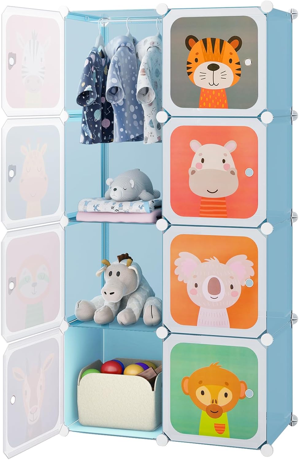 Unitate de depozitare cu 8 cuburi (35x35 cm), Raft modular din plastic cu uși – Living, Intrare (Imprimeu animal albastru, 8 cuburi – 35 cm)