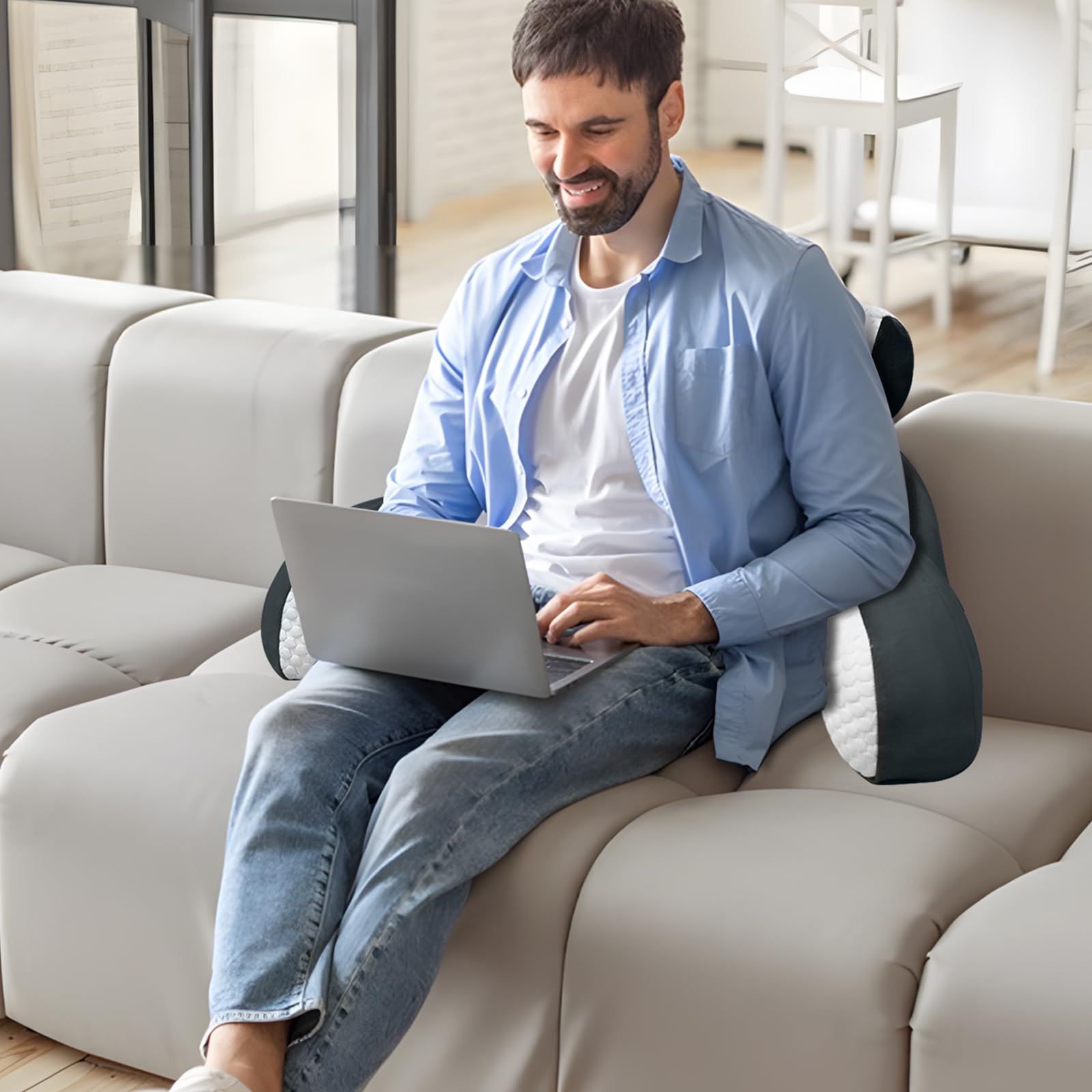 Coussin de lecture, 70 x 50 cm Coussin de dossier Canapé, Coussin de lecture Lit adulte avec support de cou/bras, Gris et blanc - 6