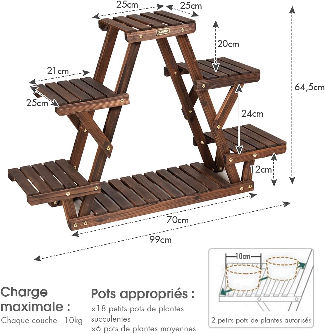 Étagère pour plantes en bois 6 tablettes 99x25x64,5cm, support plante charge 10kg - 3