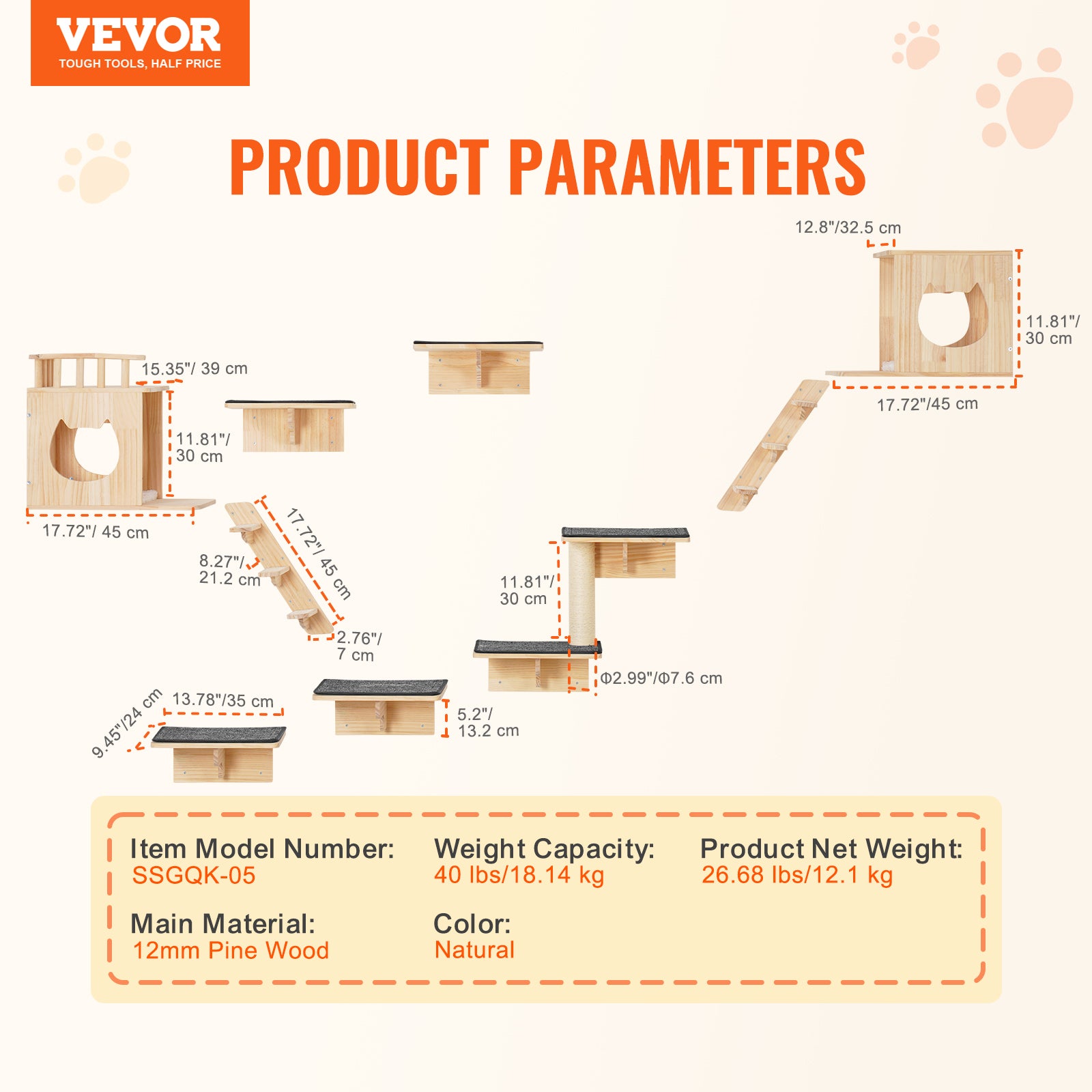 support mural pour chat,ensemble de VEVOR 9 pièces avec plateforme de saut,charge de 40 lb,cadre d'escalade flottant,perchoir pour nid de chat - 7