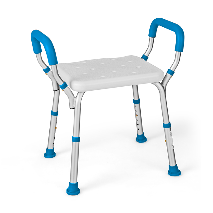 Taboret prysznicowy z regulacją wysokości, aluminiowa ławka prysznicowa, ławka łazienkowa z podłokietnikami i antypoślizgowymi gumowymi nóżkami