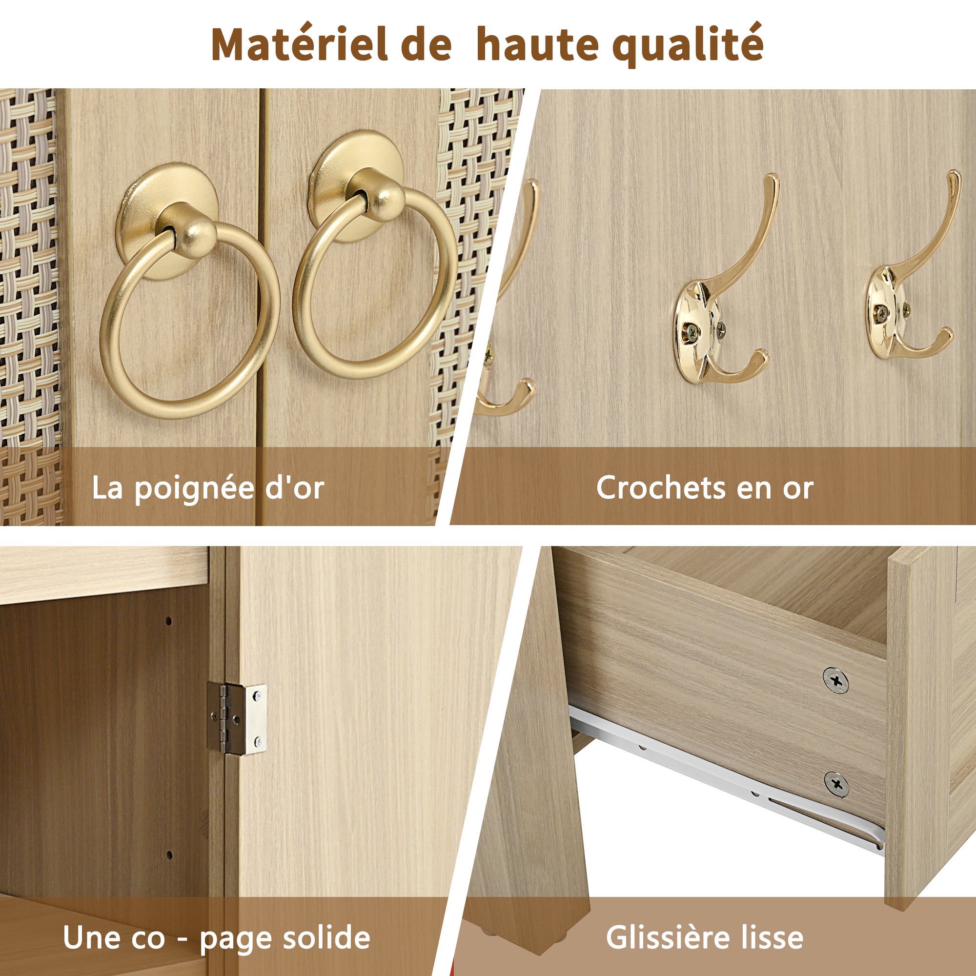 LEMONBEST Meuble de rangement décoratif en osier style voûté - Buffet vintage à 2 tiroirs pour séjour/chambre - 80x40x180cm - couleur bois naturel - 8