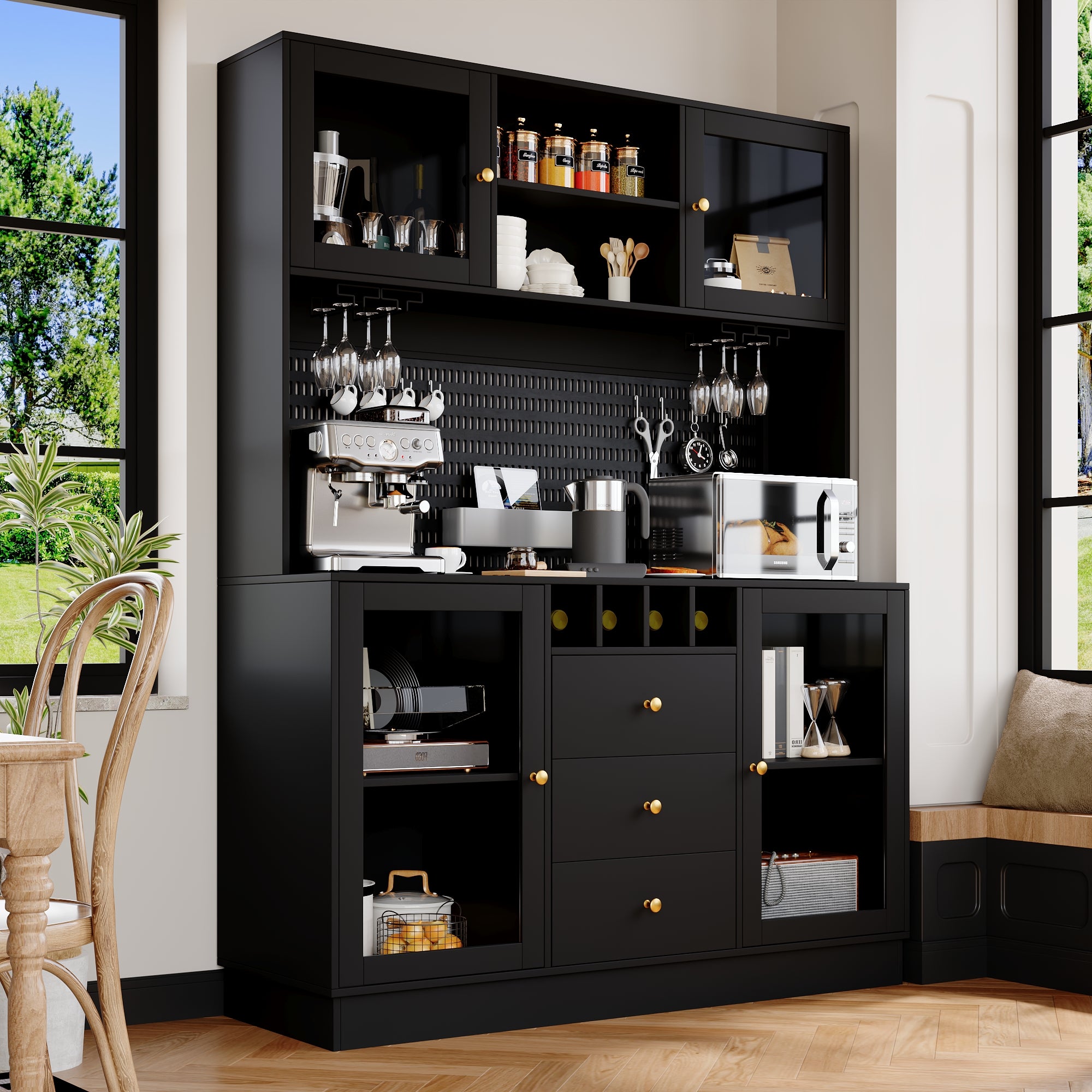 Aparador alto de cocina 140x40x185.7 cm, led con control por aplicación, botellero y estantes ajustables, mdf y vidrio negro