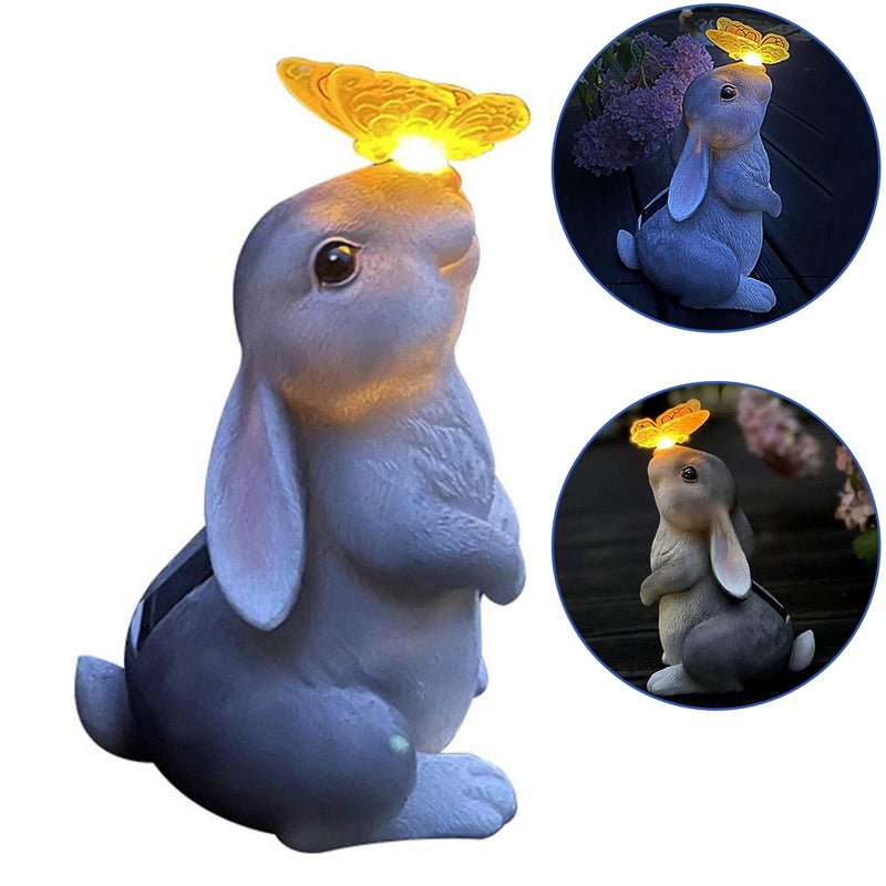 Ozdoba ogrodowa z królikiem i motylem ze światłem słonecznym, dekoracje zewnętrzne, ozdoba ganku na trawnik lub patio