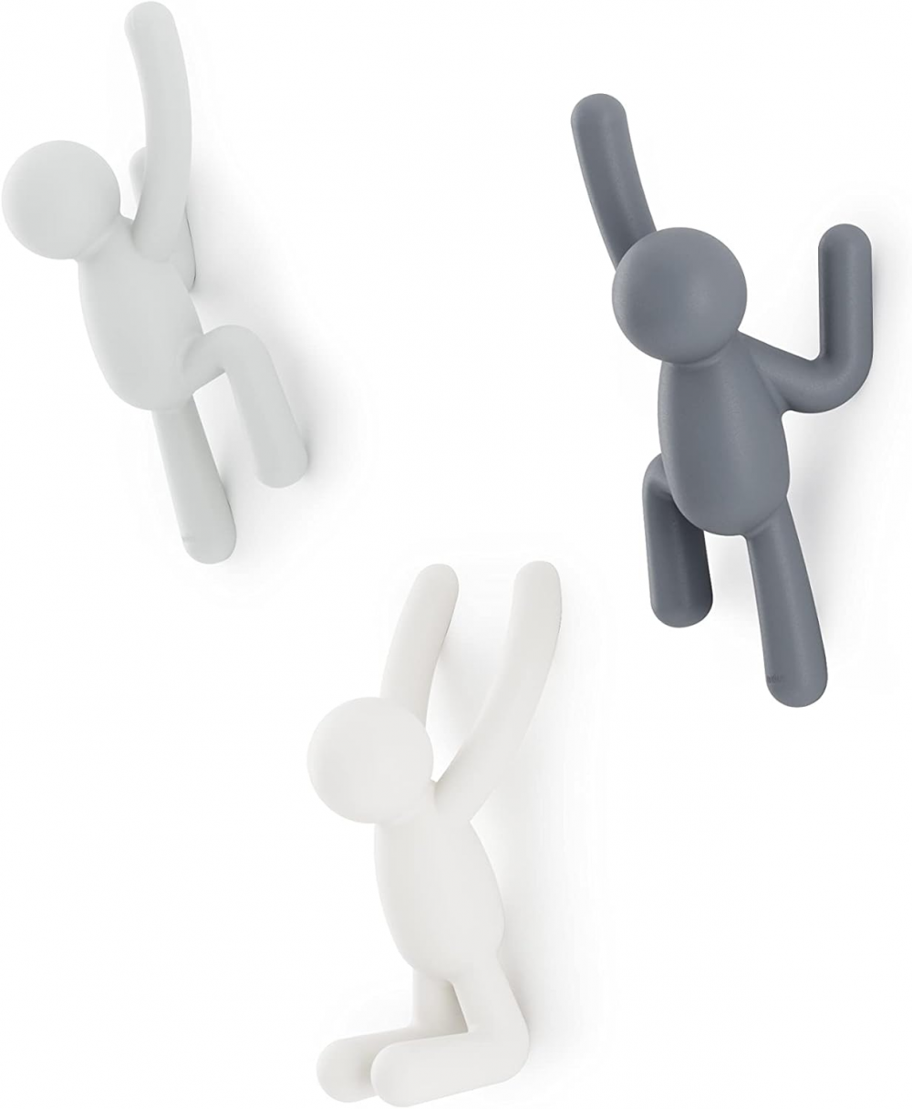 Różne haczyki Buddy. Buddy Wall Hooks - Dekoracyjne ścienne haczyki na ubrania, zestaw 3 sztuk, w kolorze jasnoszarym, ciemnoszarym i białym.