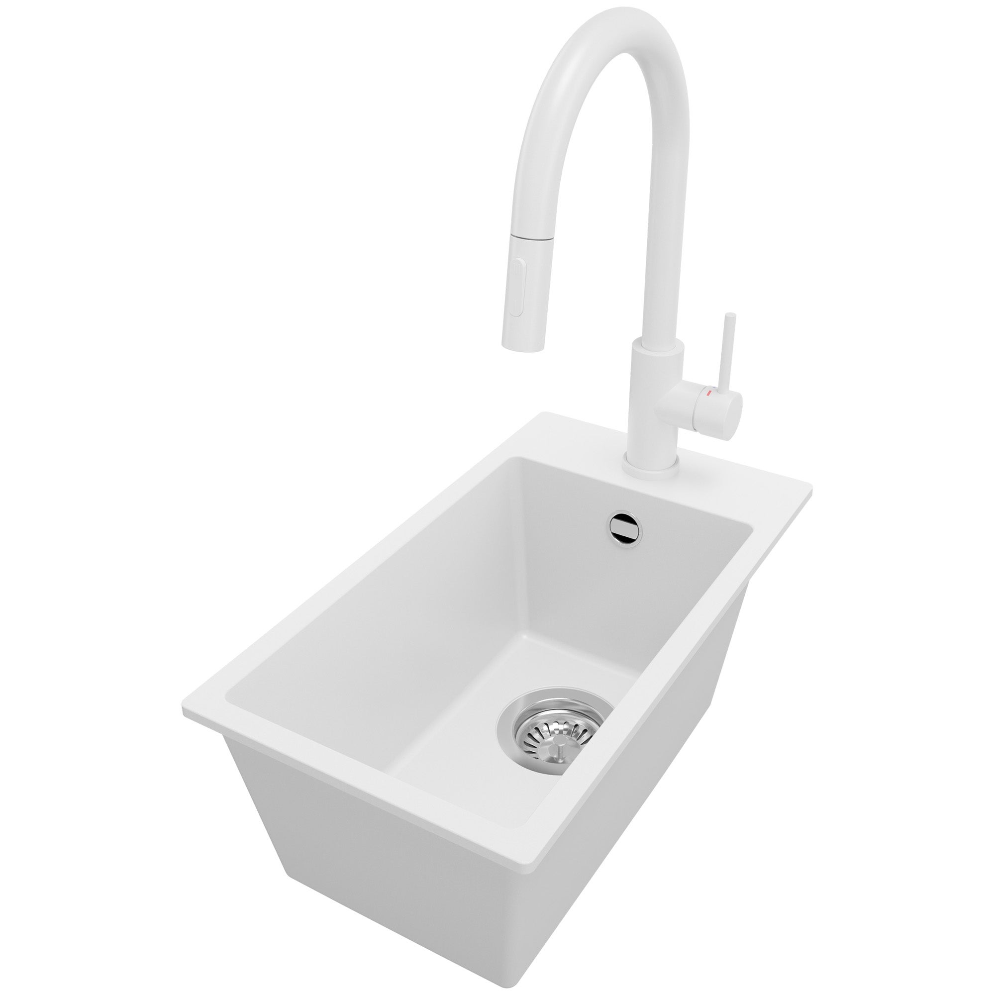 Zlewozmywak Granitowy Biały 28x50cm, Zlew Kuchenny 1 Komorowy + Bateria 40x20cm + Syfon, Nablatowy do szafki od 30cm - Ryga PRIMAGRAN