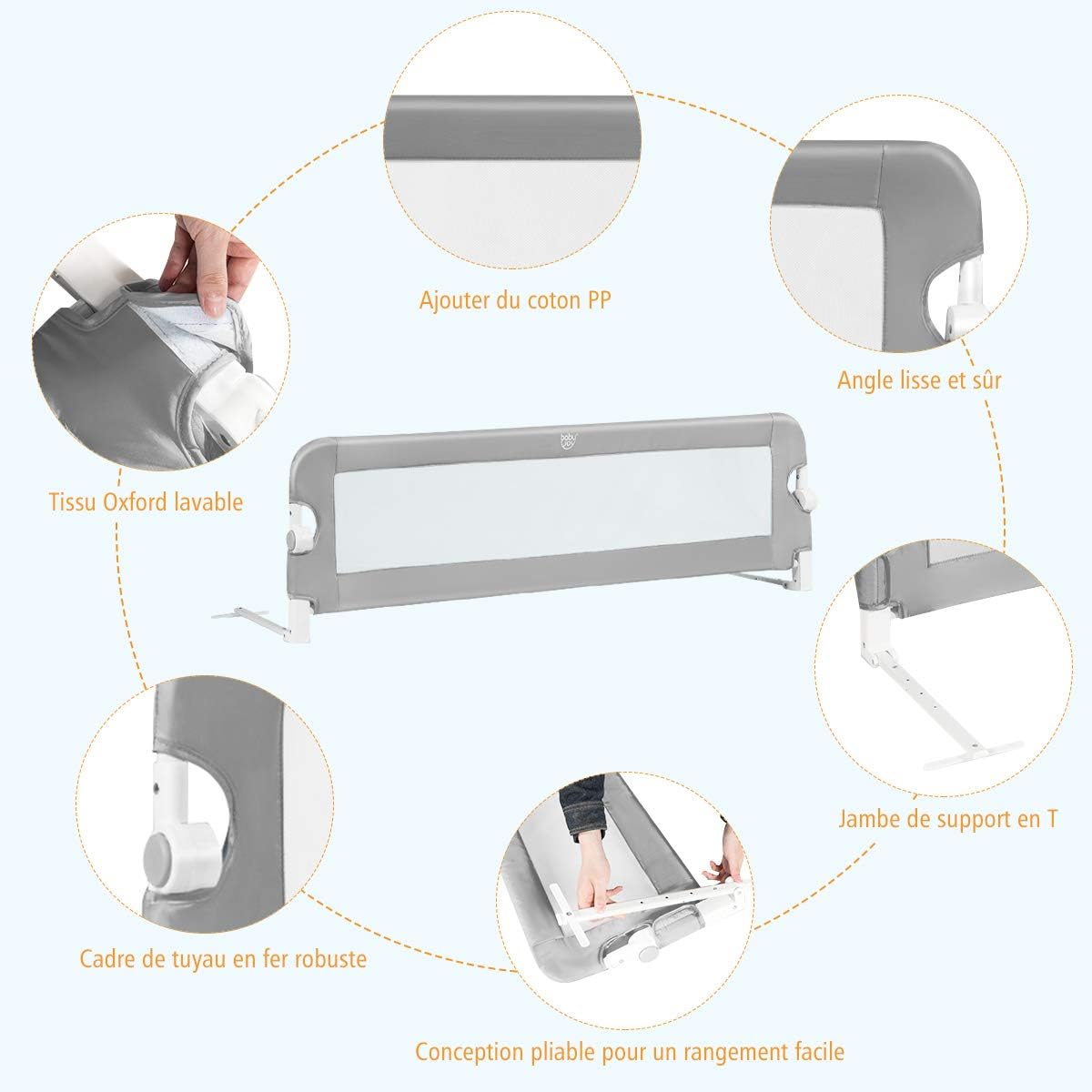 Sponda Letto per Bambini 105/120/150 cm, Barriera di Sicurezza per Neonati, Barriera Letto Pieghevole e Portatile, con Cinghia di Sicurezza (B - 3