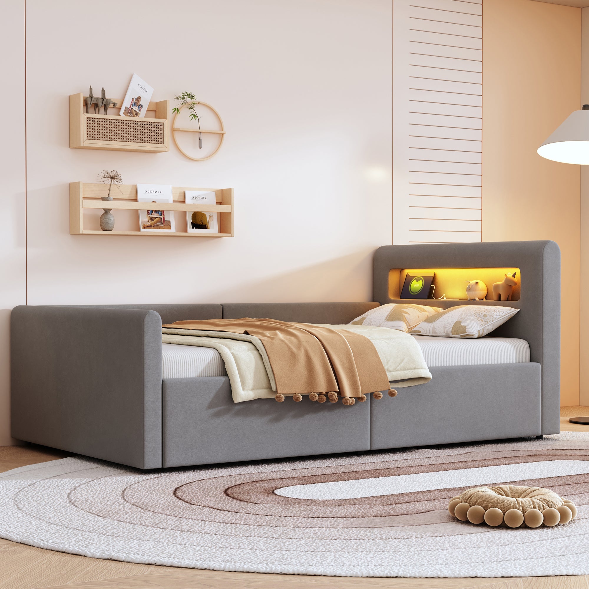 Lit enfant rembourré 90x200 cm, avec éclairage LED, veilleuse et port de charge USB, étagère, espace de rangement, lit simple, gris clair - 5