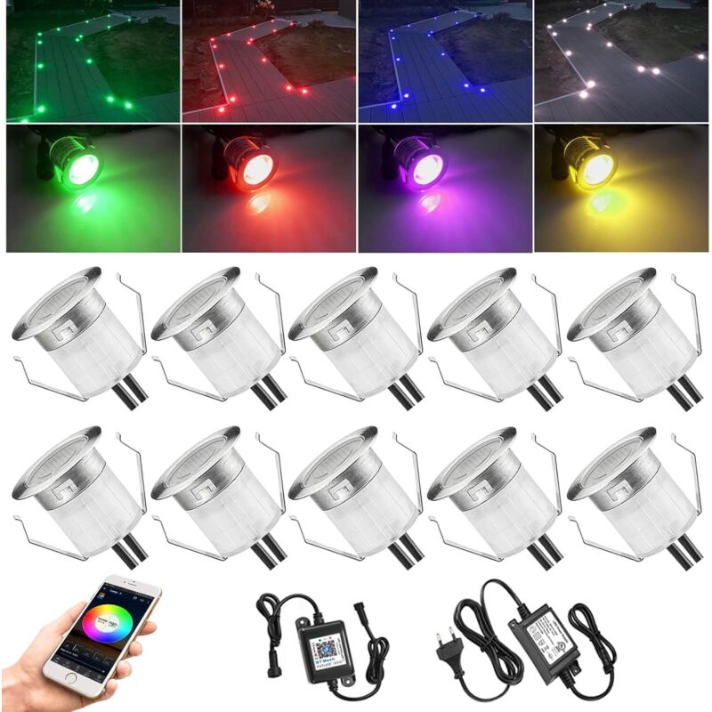 Spoturi încastrate RGB WIFI cu 10 LED-uri, pentru exterior, reglabile, 1,2 W, compatibile cu Alexa și Google Home