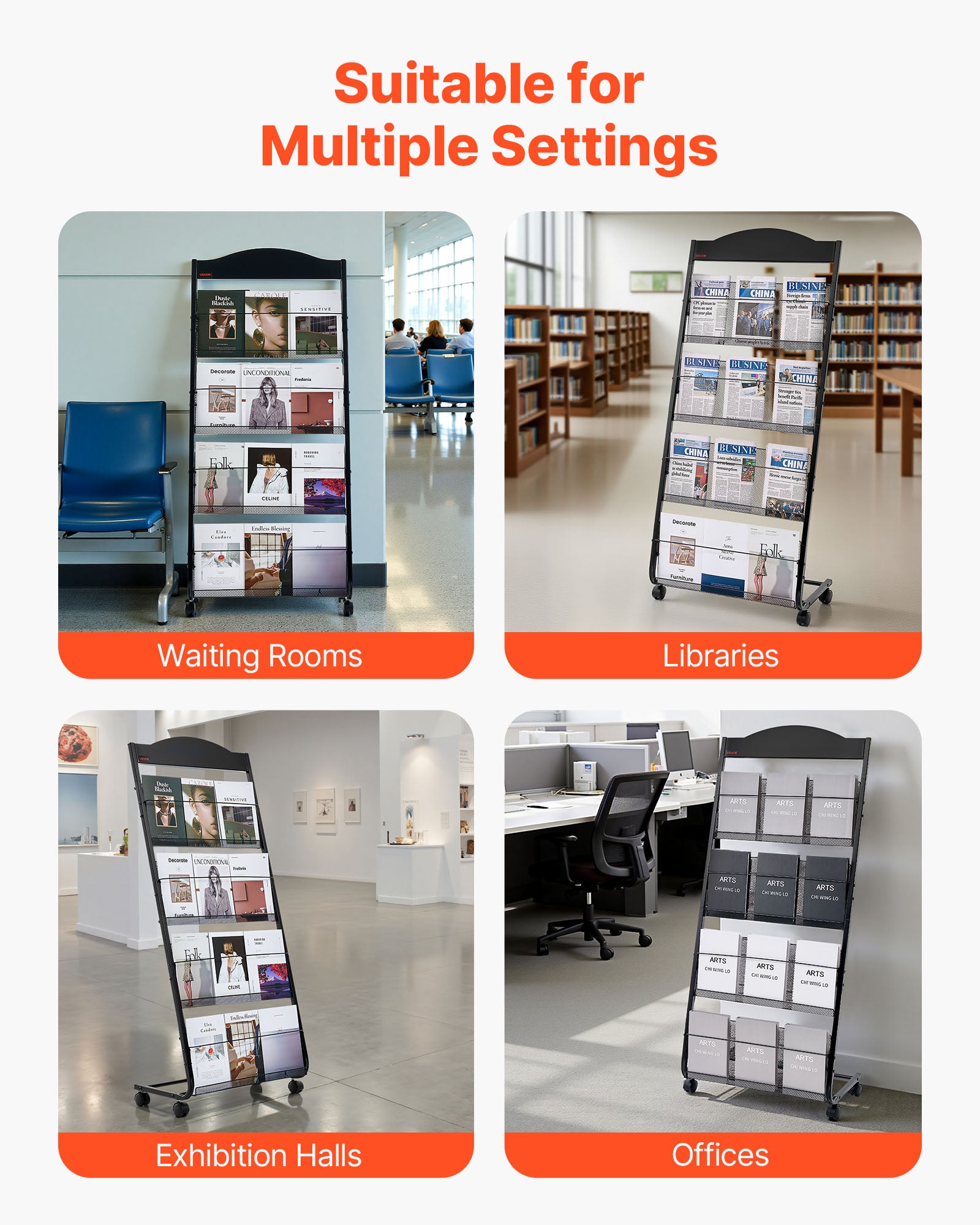 Présentoir à brochures VEVOR 4 niveaux, porte-brochures sur pied avec roulettes, porte-revue robuste pour journaux, pour expositions, bureaux, hôtels - 6
