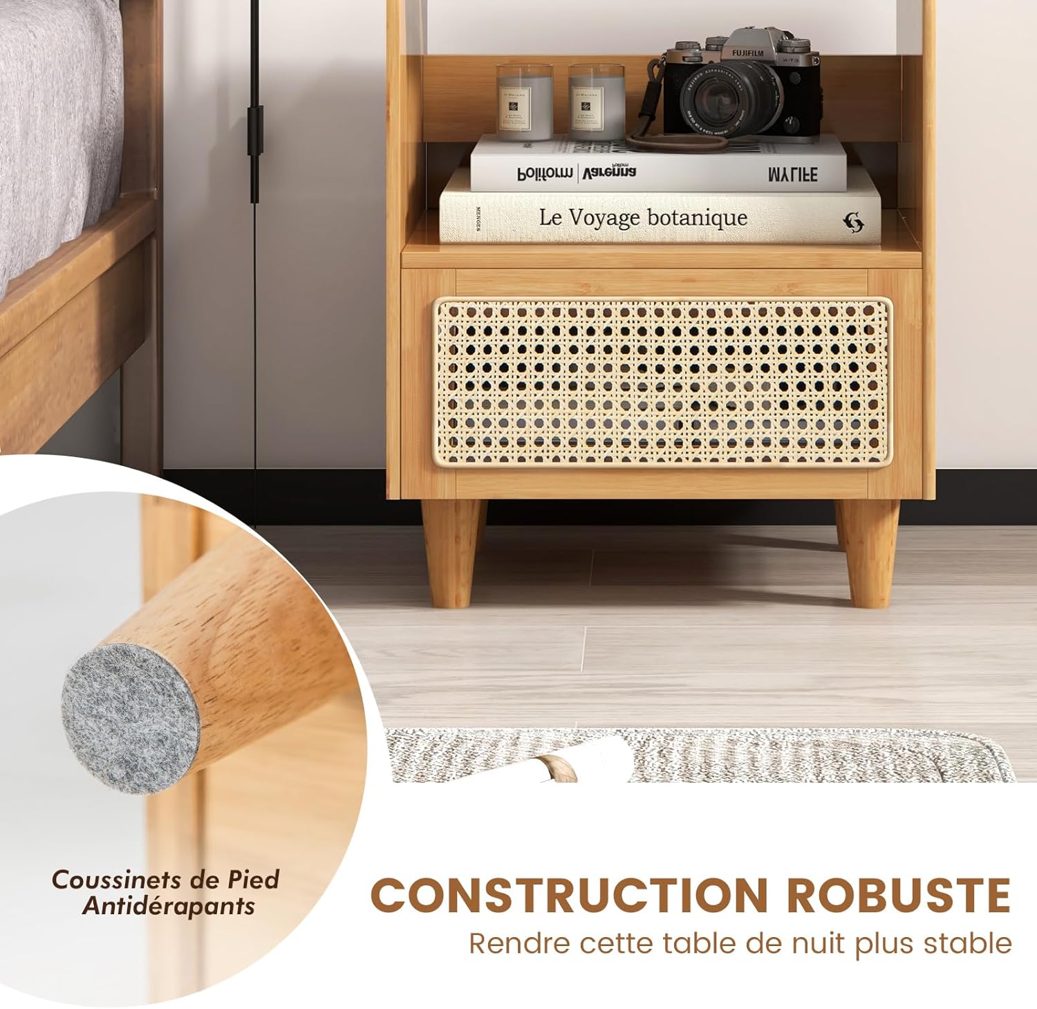 Table de Chevet avec Tiroir, Pieds en Bois Massif, Table de Nuit Bohême, 43 x 35 x 50 cm (1, Jaune) - 3