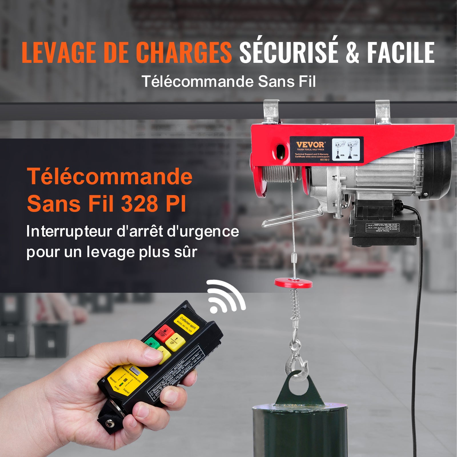 Treuil-Palan Électrique VEVOR 1000 kg 1600 W, Télécommande Sans Fil, 10 m/min, Câble 12 m, Moteur Cuivre Pur pour Garages, Entrepôts, Usines - 3