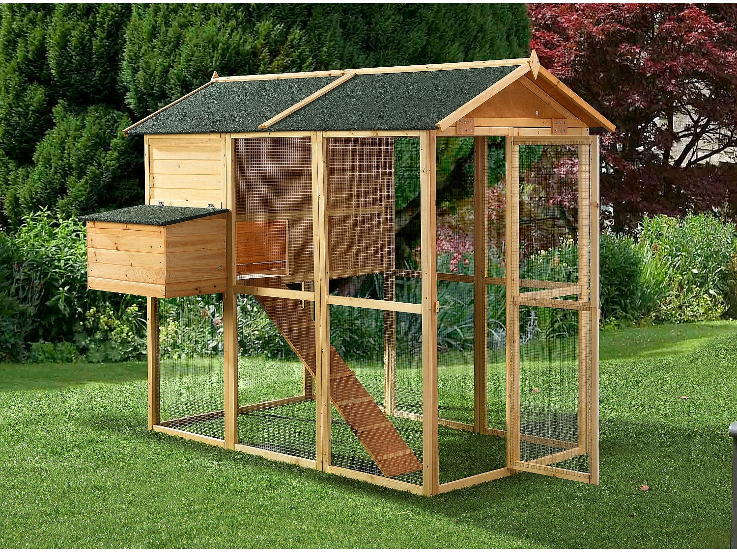 Kurnik z drewna z wybiegiem – 8 kury – 201 × 142 × 171 cm (dł. × szer. × wys.) – kolor naturalny - GALLUS