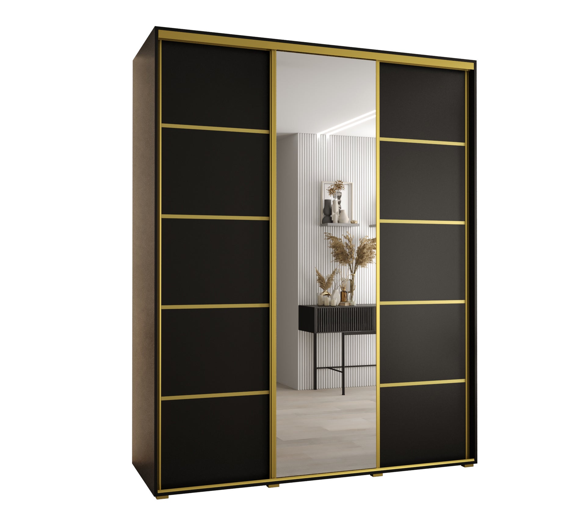 Szafa przesuwna z lustrem wysoka Davos 5 200 x 60 x 235,2 cm czarny + czarny + u. złoty - Abiks Meble
