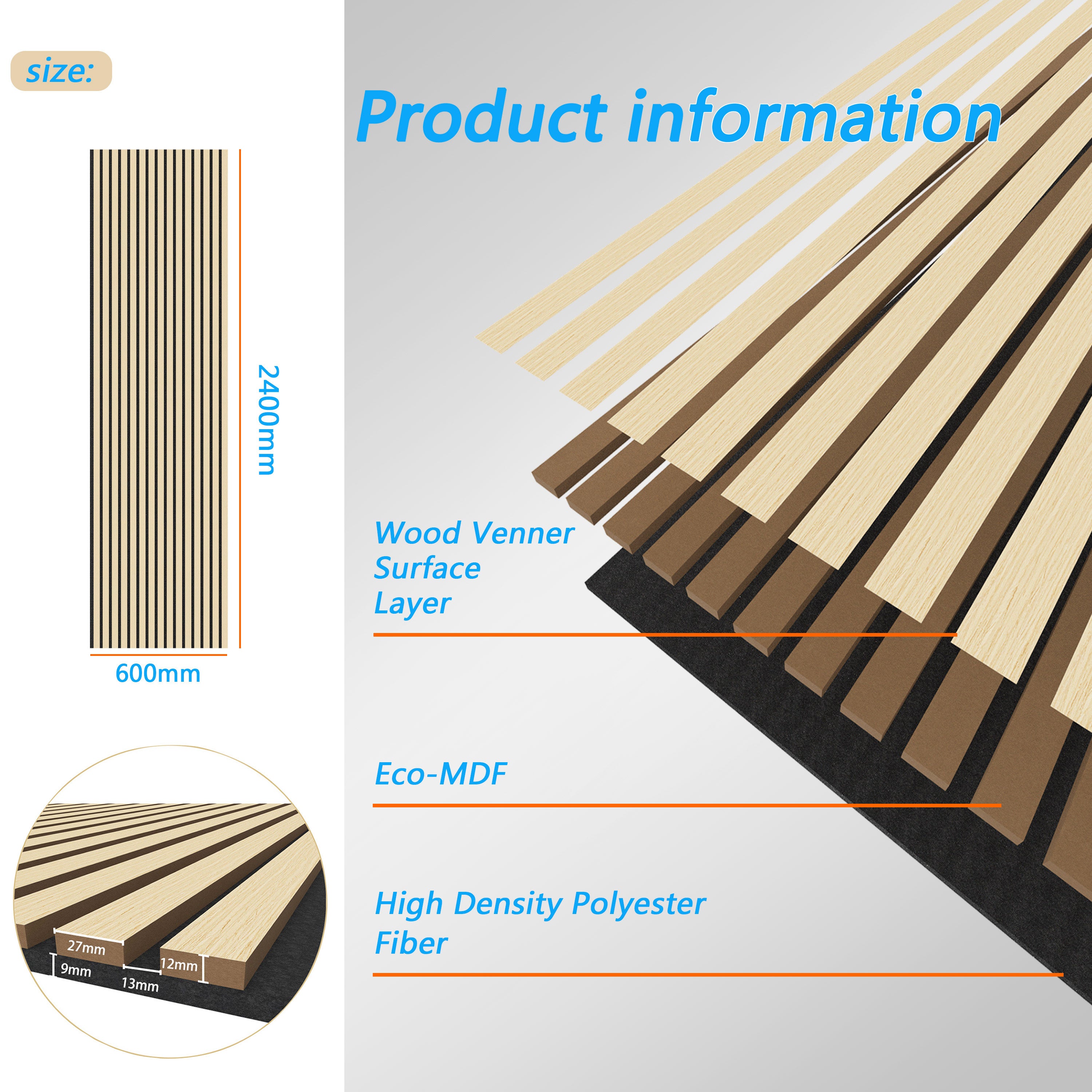 Lot de 2 panneaux muraux acoustiques décoratifs en bois MDF 240 x 60 cm, couleur chêne, excellente isolation acoustique, installation simple - 3