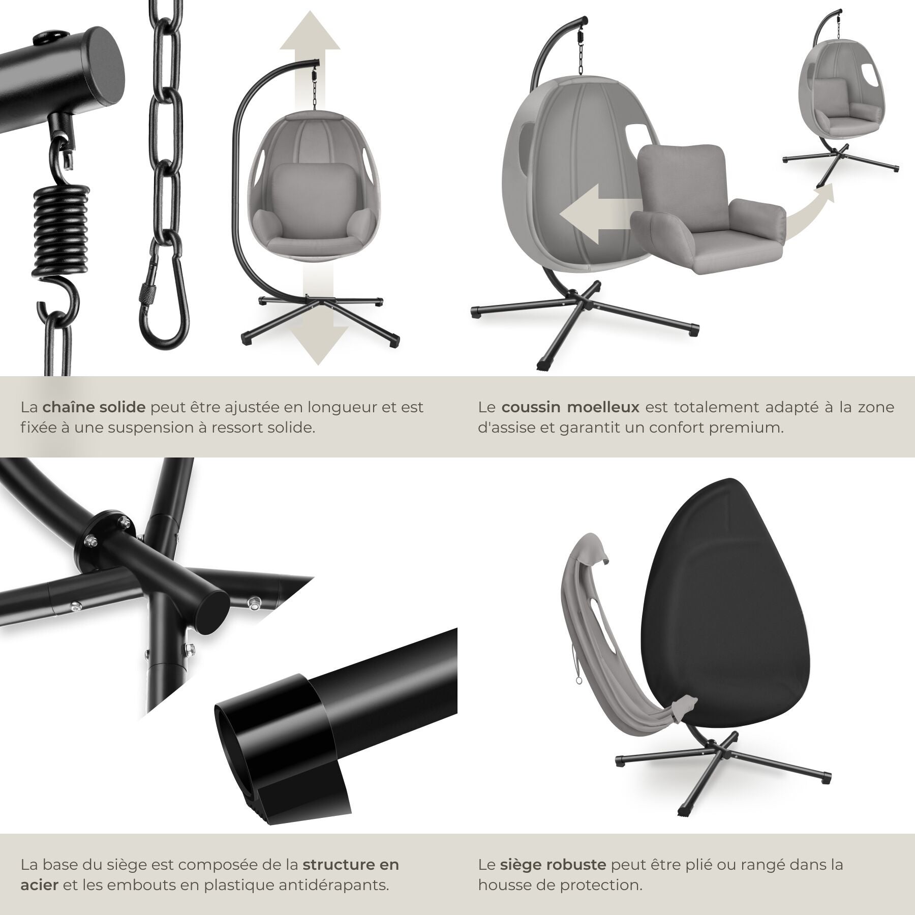 TECTAKE Espreguiçadeira suspensa com estrutura Com almofada de assento ultra espessa, giratória 360° - 5