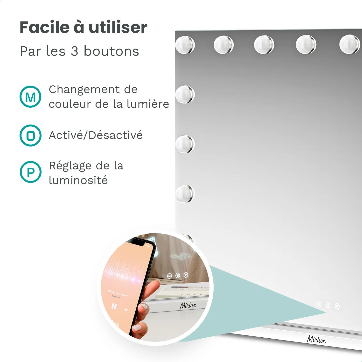 Miroir de maquillage Mirlux Hollywood 80x60 cm - 2 haut-parleurs Bluetooth - Ports de chargement USB et USB-C - Blanc - 6