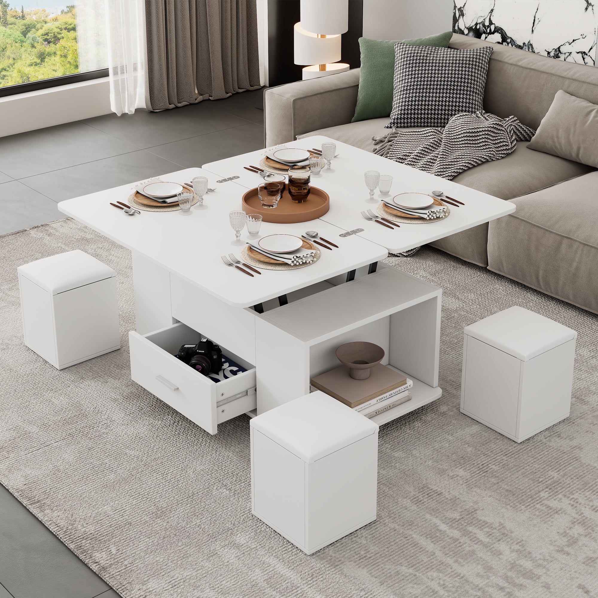 Table basse avec plateau relevable, 1 tiroir et 4 tabourets - 100 x 50 x 45 cm - Panneau de particules - Blanc - 2