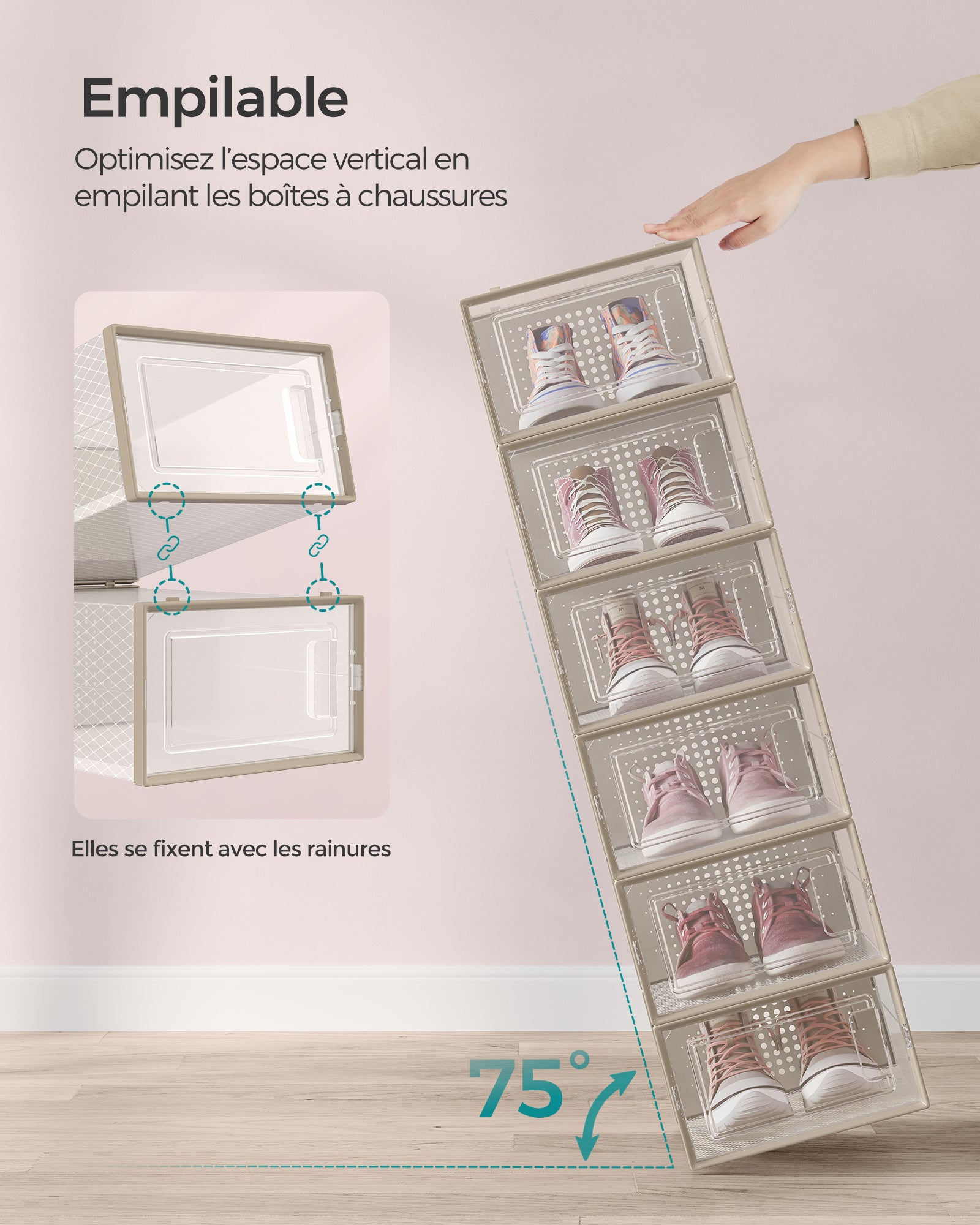 Boîtes à Chaussures, Lot de 18, Rangement Chaussures, Pliable, pour Pointure jusqu’à 44, Transparent et Beige Avoine - 4