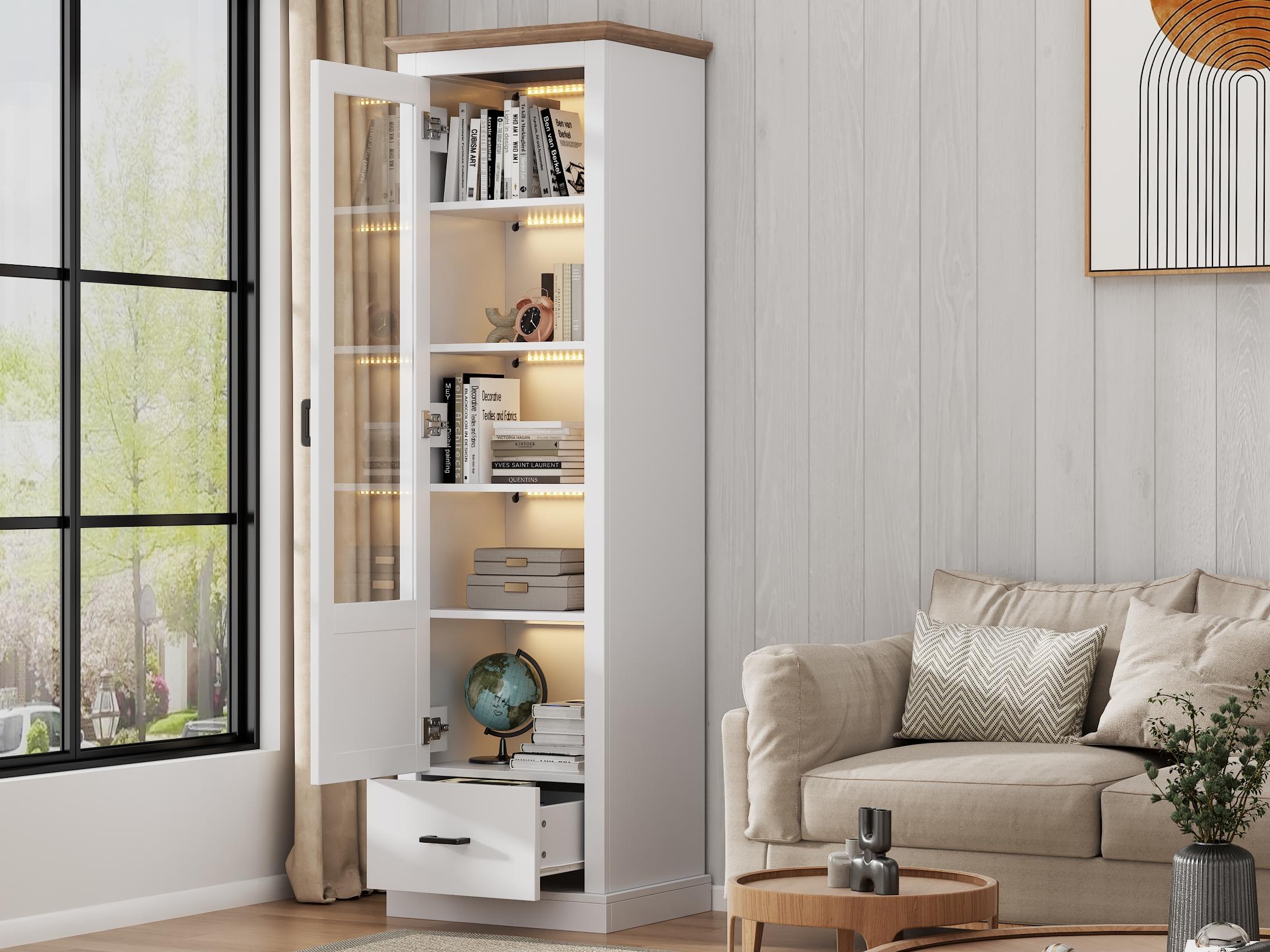 Modernluxe  Vitrina Led Moderna 50X35x178 Cm, Con Iluminación Led, 1 Cajón, 1 Puerta De Cristal, 5 Compartimentos, Blanco , Leroy Merlin