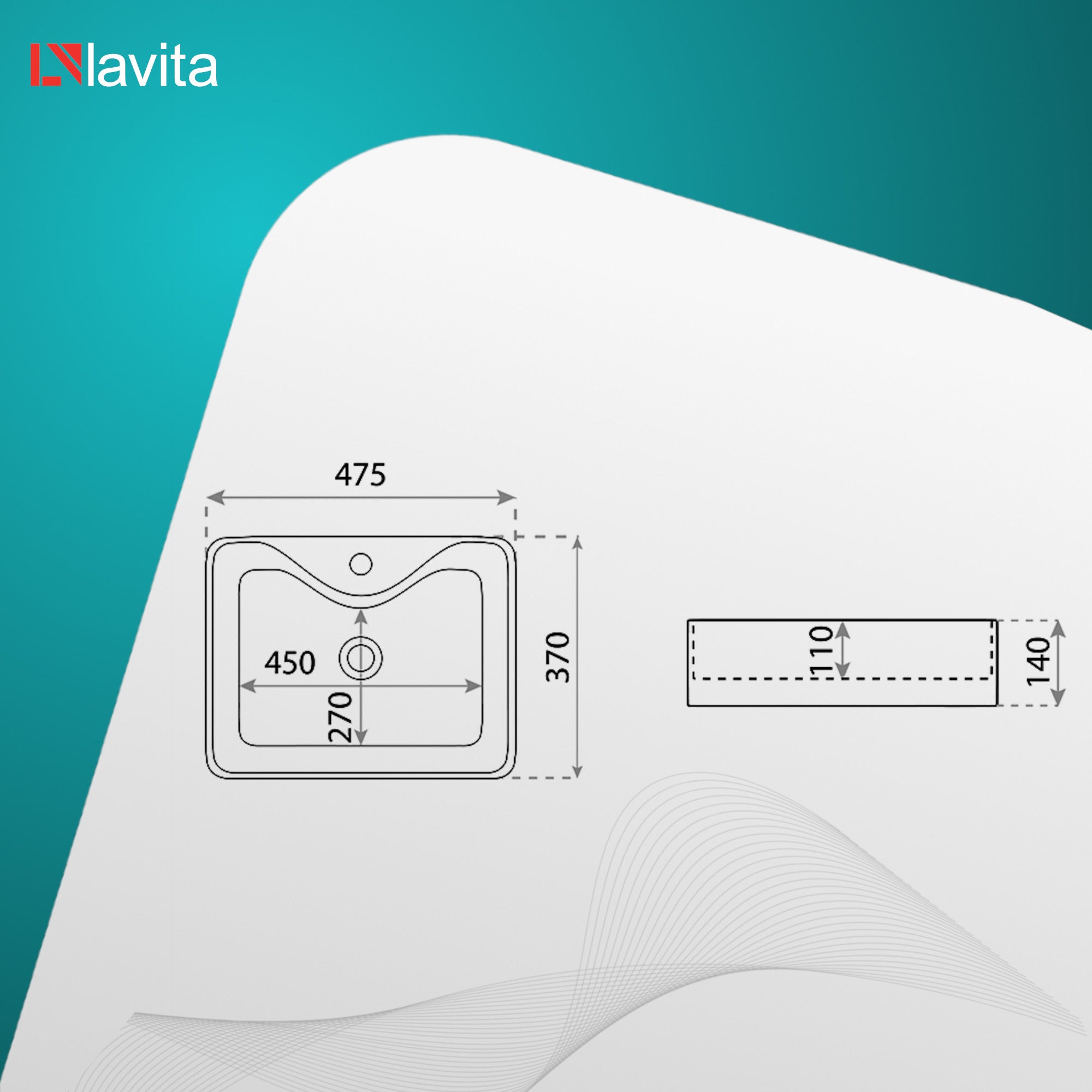 Vasque à poser LAVITA |Vasque à poser élégante et compacte| Produit en porcelaine de haute qualité |rectangulaire| 47,5x37x14 cm |Blanc - 3