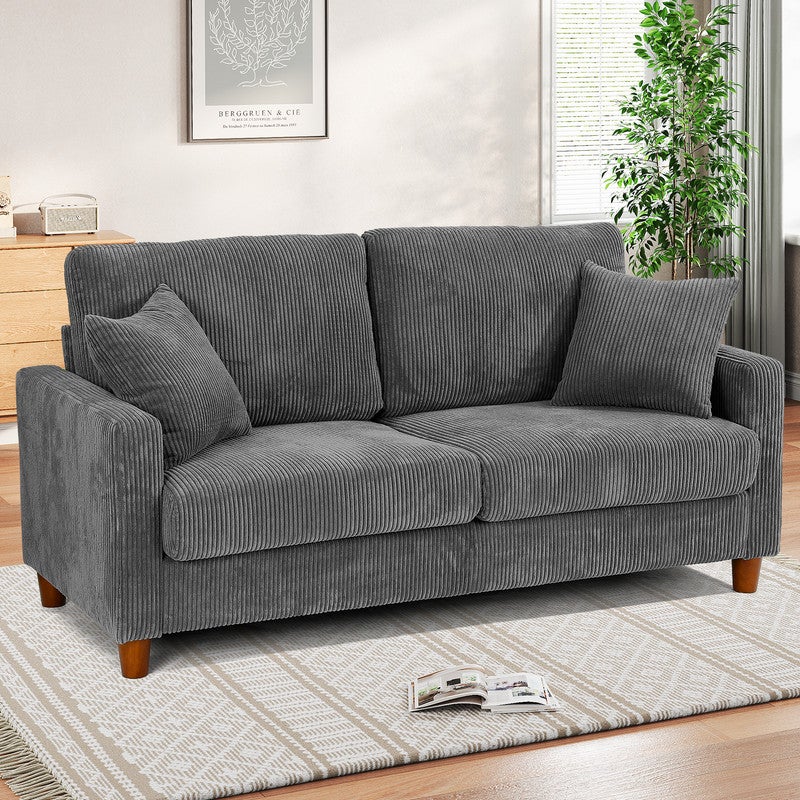 Canapé 2/3 Places en Velours Côtelé Gris,Canapé Scandinave avec 2 coussins et 2 oreillers pour le salon,pieds en bois,178×76×84cm - 9