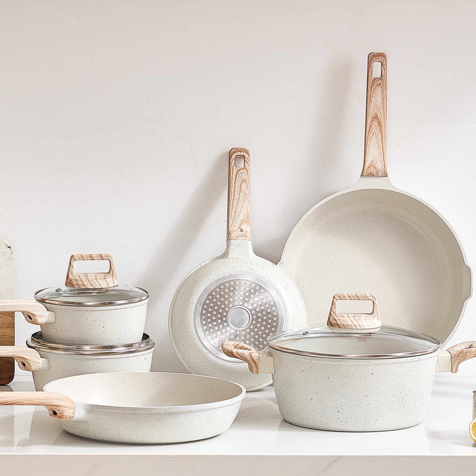 Batería de Cocina 17 pcs,VEVOR Sartenes y Ollas Inducción,Revestimiento Antiadherente Granito,Tapas de Vidrio Templado,Fritura,Salsa,Salteado - 8