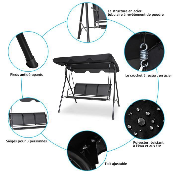 Dondolo da Giardino a 3 Posti, con Tettuccio Parasole Regolabile, Sedia a Dondolo da Giardino con Telaio in Acciaio, 173 x 119 x 152 cm (Nero) - 3