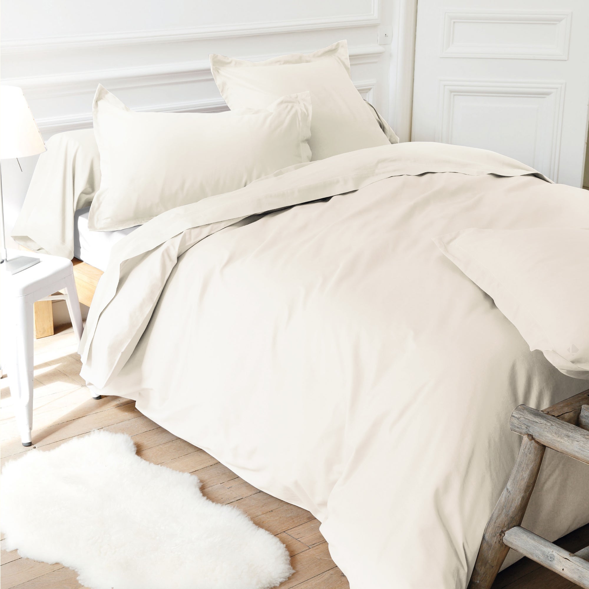 Drap housse uni 180x210 cm bonnet 30 cm coton ALTO Crème - 2